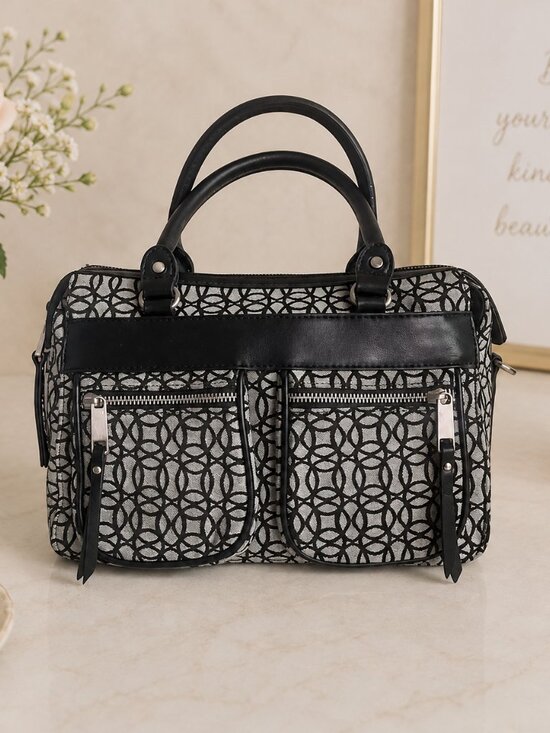 Handbags - Black White Geometric Bowling Bag Satchel Purse Double Handle Handbag